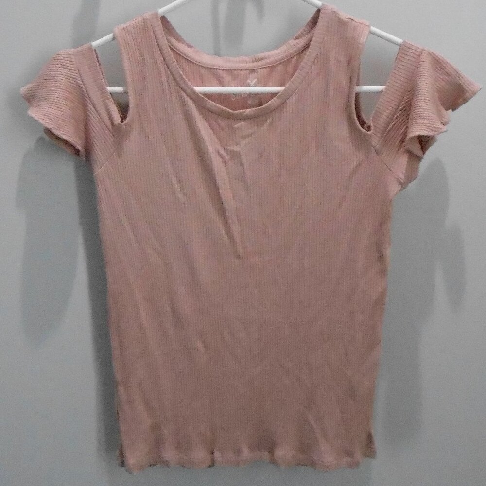 American Eagle Outfitters Blush Pink Cold-Shoulder Ribbed Top